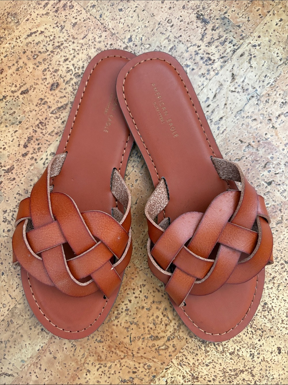 Faux Leather Braided Slide Sandals - cognac